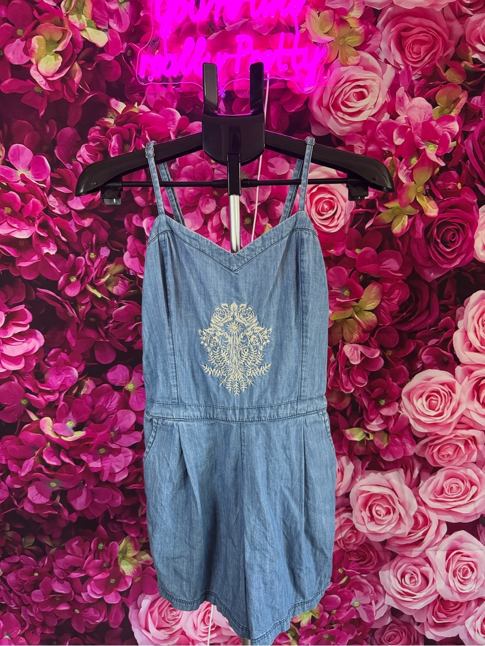 Chambray Embroidered Spaghetti Strap Romper